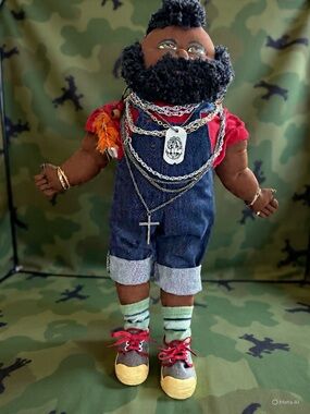 Handmade vintage Mr T  Doll in Denim Overalls and Red Tee